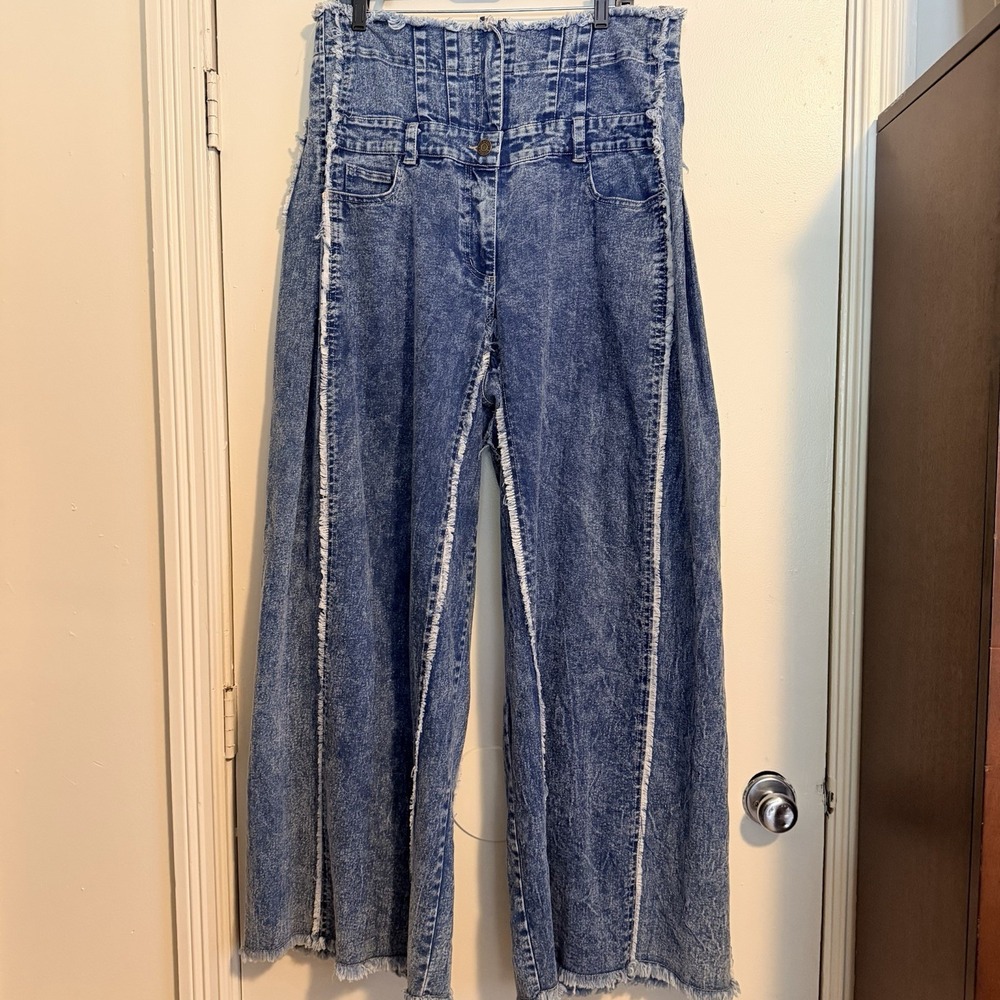 Ashley Stewart Wide Leg Jeans 14 High Rise Frayed Palazzo Denim Double Zip Waist